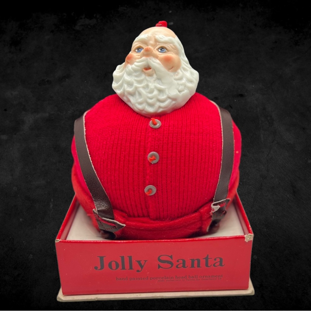 Vintage Department 56 Jolly Santa Porcelain Head Stuffed Ball Ornament